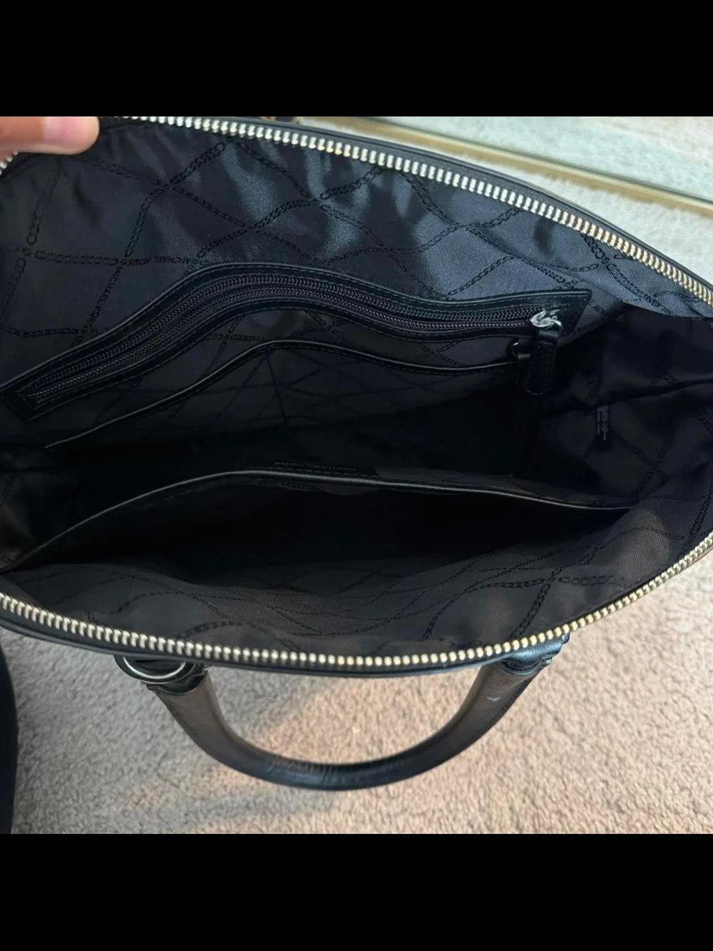 Michael Kors Large Black Tote with White and Gray Center Stripes